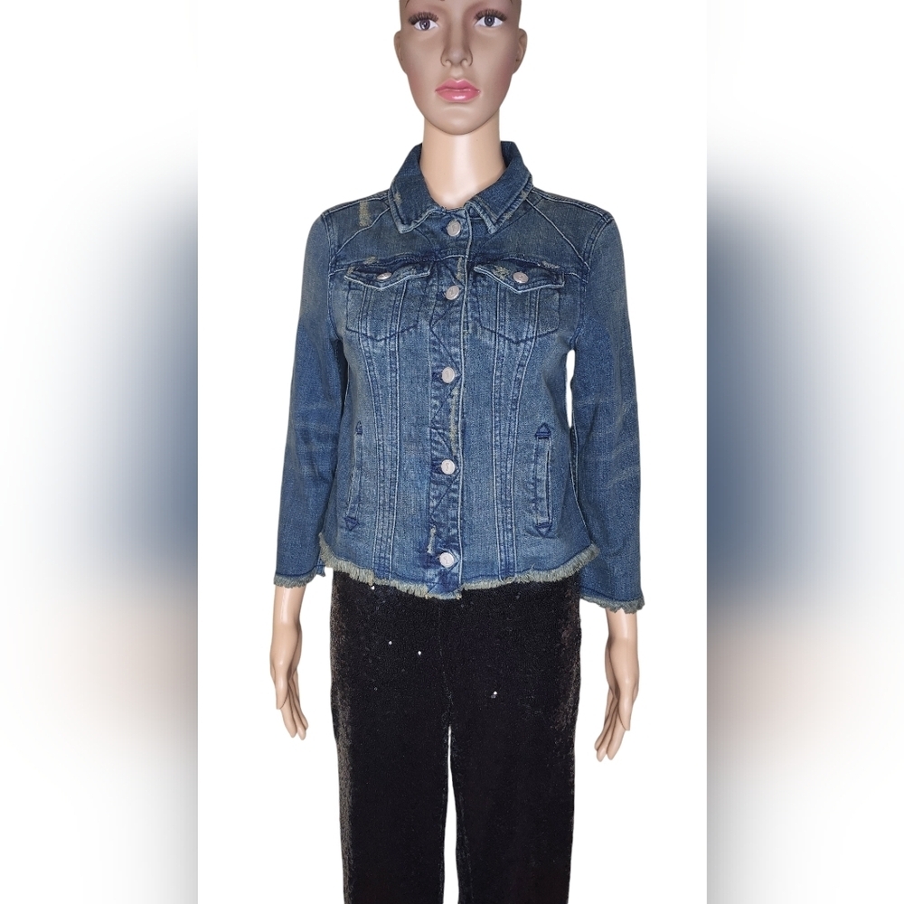 Anthropologie Pilcro women's blue distressed denim jean jacket Size XS